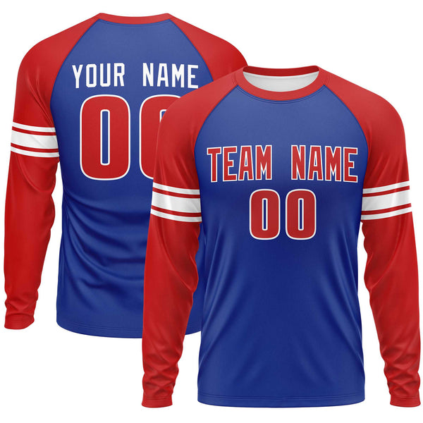 Custom Royal Red White Crew Neck Personalized Raglan Long Sleeve Performance T-shirt | BuyFootballJersey
