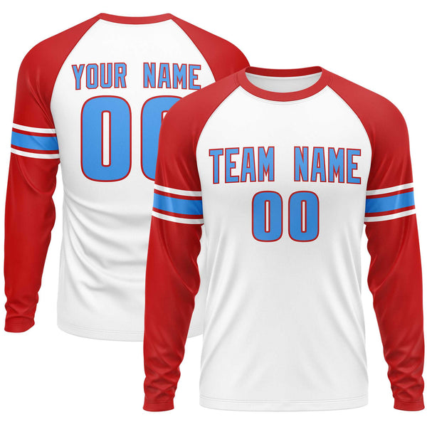 Custom White Red Powder Blue Crew Neck Personalized Raglan Long Sleeve Performance T-shirt | BuyFootballJersey