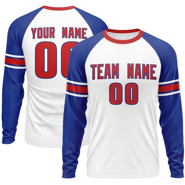 Custom White Royal Red Crew Neck Personalized Raglan Long Sleeve Performance T-shirt | BuyFootballJersey