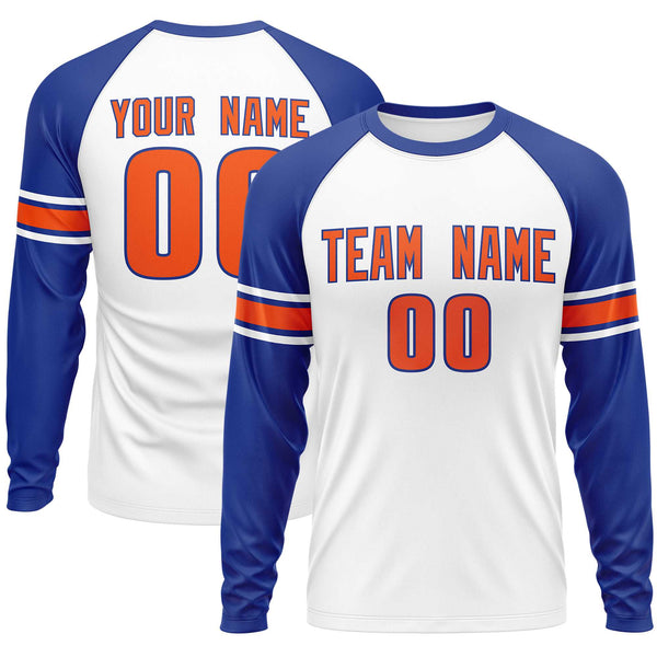 Custom White Royal Orange Crew Neck Personalized Raglan Long Sleeve Performance T-shirt | BuyFootballJersey