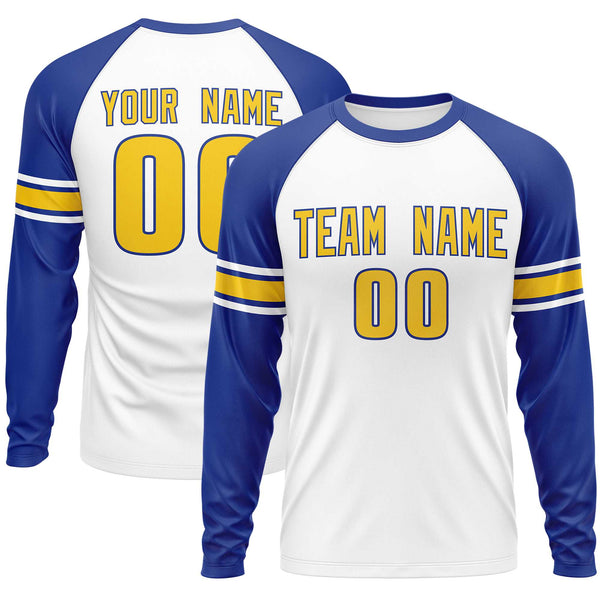 Custom White Royal Gold Crew Neck Personalized Raglan Long Sleeve Performance T-shirt | BuyFootballJersey