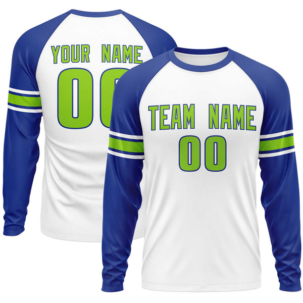 Custom White Royal Neon Green Crew Neck Personalized Raglan Long Sleeve Performance T-shirt | BuyFootballJersey