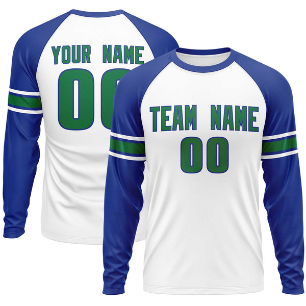Custom White Royal Kelly Green Crew Neck Personalized Raglan Long Sleeve Performance T-shirt | BuyFootballJersey