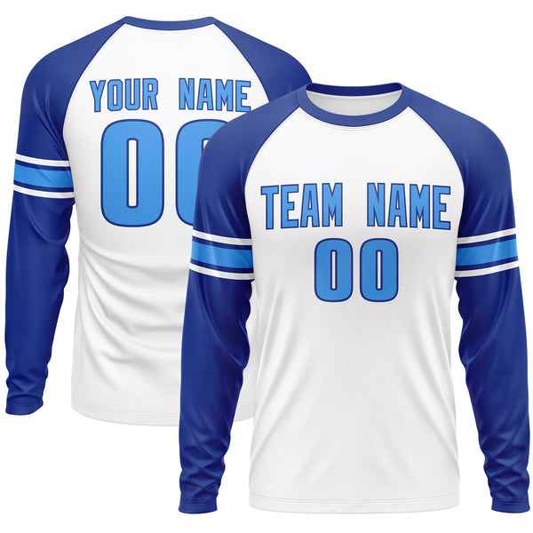 Custom White Royal Powder Blue Crew Neck Personalized Raglan Long Sleeve Performance T-shirt | BuyFootballJersey
