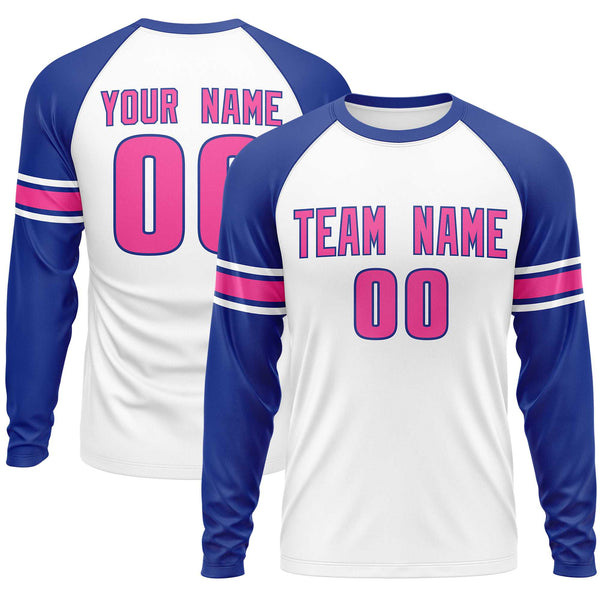 Custom White Royal Pink Crew Neck Personalized Raglan Long Sleeve Performance T-shirt | BuyFootballJersey