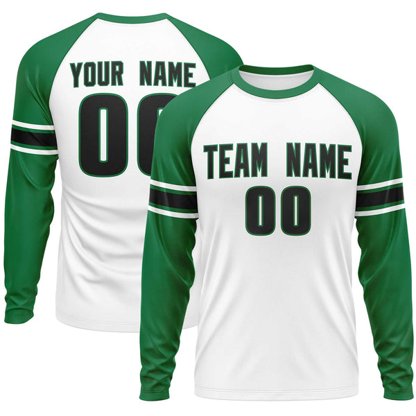 Custom White Kelly Green Black Crew Neck Personalized Raglan Long Sleeve Performance T-shirt | BuyFootballJersey
