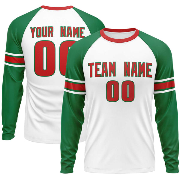 Custom White Kelly Green Red Crew Neck Personalized Raglan Long Sleeve Performance T-shirt | BuyFootballJersey