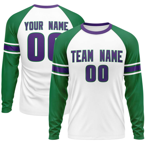 Custom White Kelly Green Purple Crew Neck Personalized Raglan Long Sleeve Performance T-shirt | BuyFootballJersey