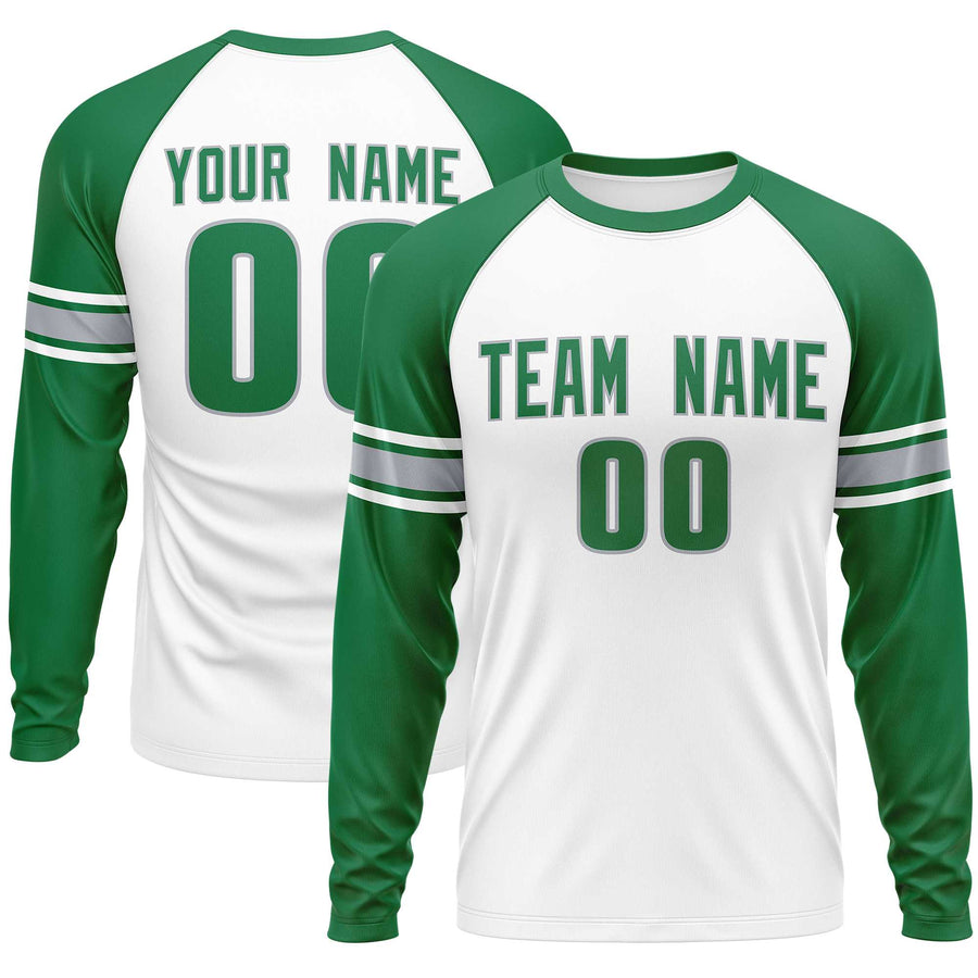 Custom White Kelly Green Gray Crew Neck Personalized Raglan Long Sleeve Performance T-shirt | BuyFootballJersey