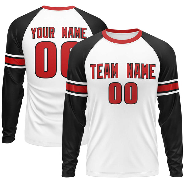 Custom White Black Red Crew Neck Personalized Raglan Long Sleeve Performance T-shirt | BuyFootballJersey