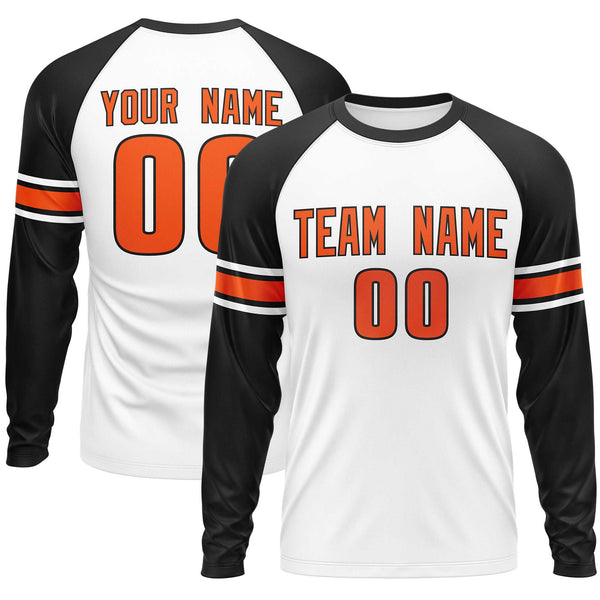 Custom White Black Orange Crew Neck Personalized Raglan Long Sleeve Performance T-shirt | BuyFootballJersey