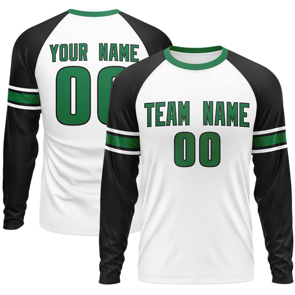 Custom White Black Kelly Green Crew Neck Personalized Raglan Long Sleeve Performance T-shirt | BuyFootballJersey