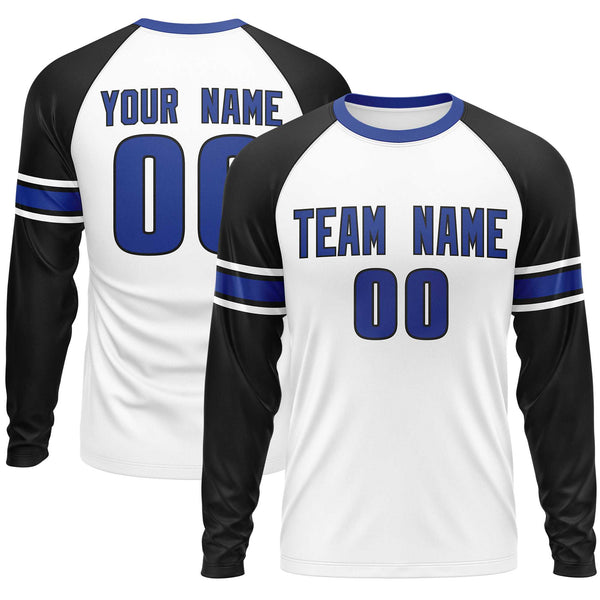 Custom White Black Royal Crew Neck Personalized Raglan Long Sleeve Performance T-shirt | BuyFootballJersey