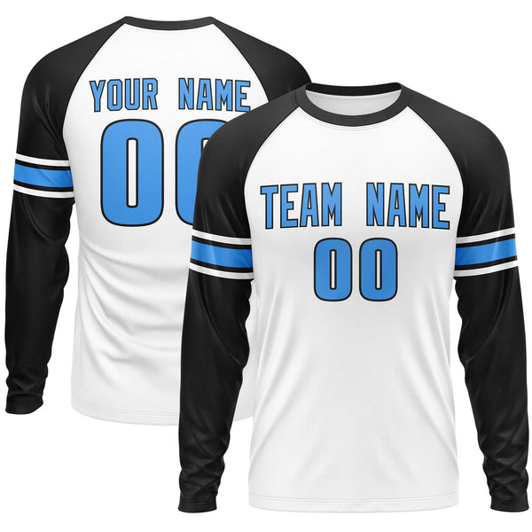 Custom White Black Powder Blue Crew Neck Personalized Raglan Long Sleeve Performance T-shirt | BuyFootballJersey