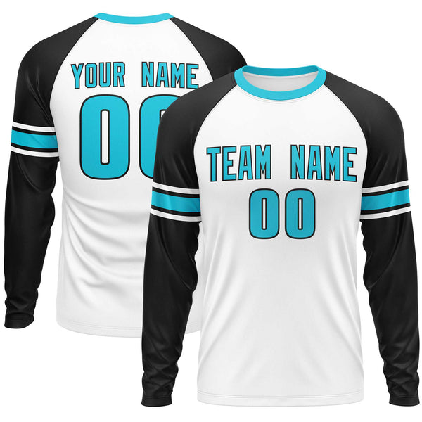 Custom White Black Sky Blue Crew Neck Personalized Raglan Long Sleeve Performance T-shirt | BuyFootballJersey