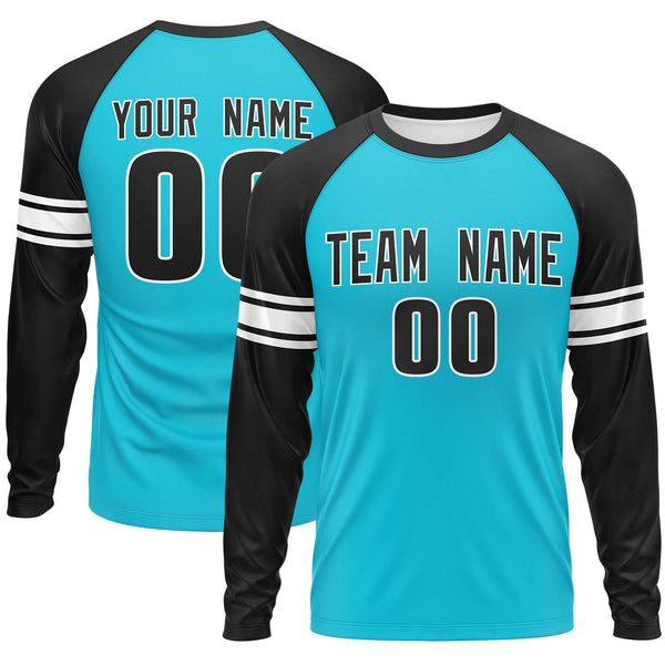 Custom Sky Blue Black White Crew Neck Personalized Raglan Long Sleeve Performance T-shirt | BuyFootballJersey