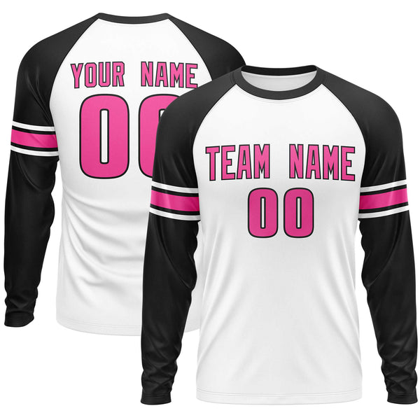 Custom White Black Pink Crew Neck Personalized Raglan Long Sleeve Performance T-shirt | BuyFootballJersey