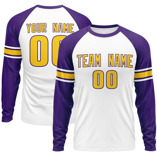 Custom White Purple Gold Crew Neck Personalized Raglan Long Sleeve Performance T-shirt | BuyFootballJersey
