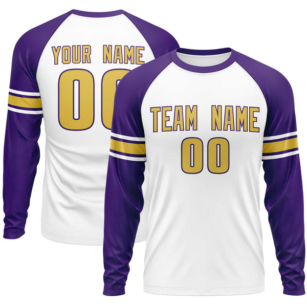 Custom White Purple Old Gold Crew Neck Personalized Raglan Long Sleeve Performance T-shirt | BuyFootballJersey
