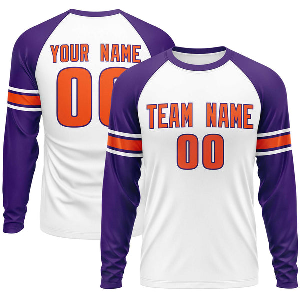 Custom White Purple Orange Crew Neck Personalized Raglan Long Sleeve Performance T-shirt | BuyFootballJersey