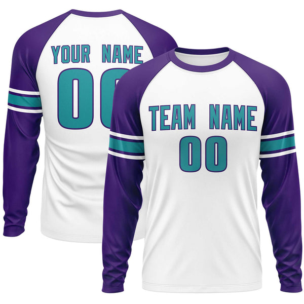 Custom White Purple Aqua Crew Neck Personalized Raglan Long Sleeve Performance T-shirt | BuyFootballJersey