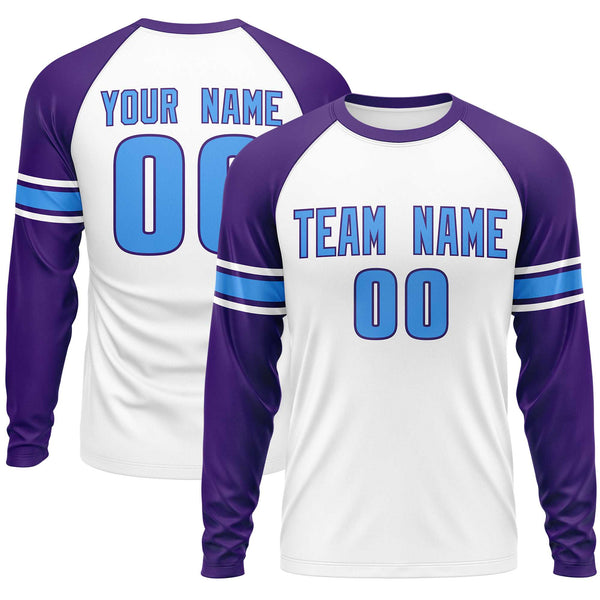 Custom White Purple Powder Blue Crew Neck Personalized Raglan Long Sleeve Performance T-shirt | BuyFootballJersey