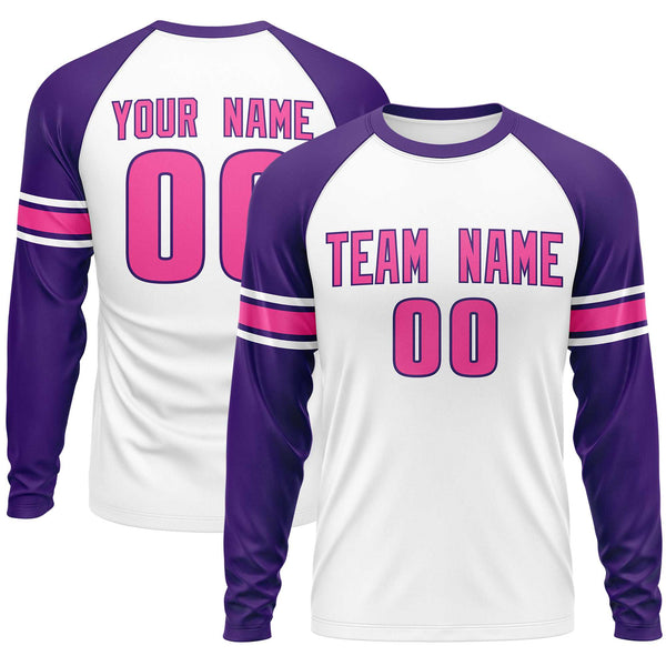 Custom White Purple Pink Crew Neck Personalized Raglan Long Sleeve Performance T-shirt | BuyFootballJersey