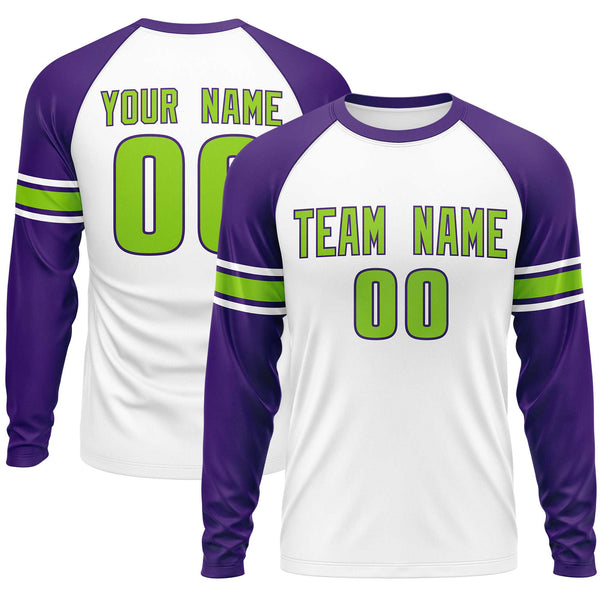 Custom White Purple Neon Green Crew Neck Personalized Raglan Long Sleeve Performance T-shirt | BuyFootballJersey