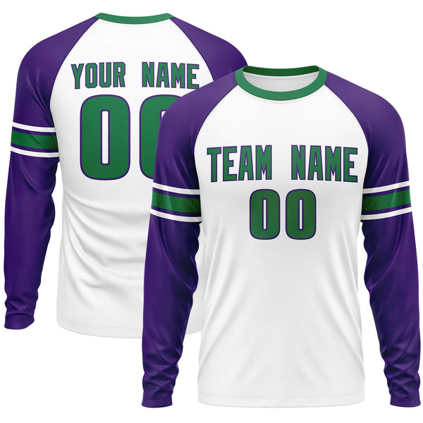 Custom White Purple Kelly Green Crew Neck Personalized Raglan Long Sleeve Performance T-shirt | BuyFootballJersey