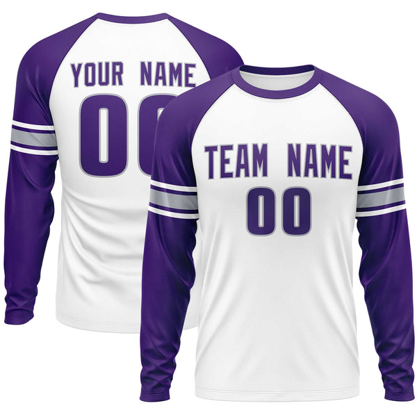 Custom White Purple Gray Crew Neck Personalized Raglan Long Sleeve Performance T-shirt | BuyFootballJersey