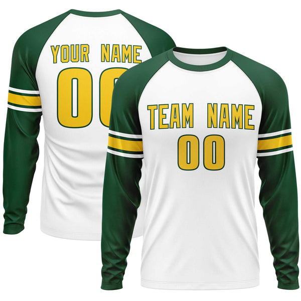 Custom White Green Gold Crew Neck Personalized Raglan Long Sleeve Performance T-shirt | BuyFootballJersey