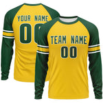 Custom Gold Green White Crew Neck Personalized Raglan Long Sleeve Performance T-shirt | BuyFootballJersey