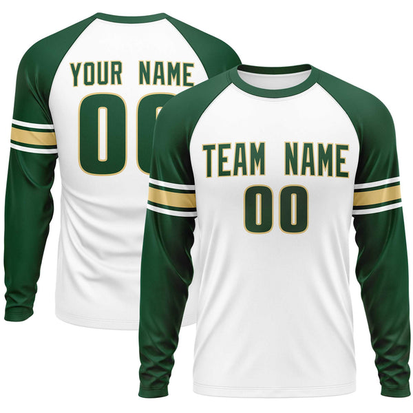Custom White Green Khaki Crew Neck Personalized Raglan Long Sleeve Performance T-shirt | BuyFootballJersey