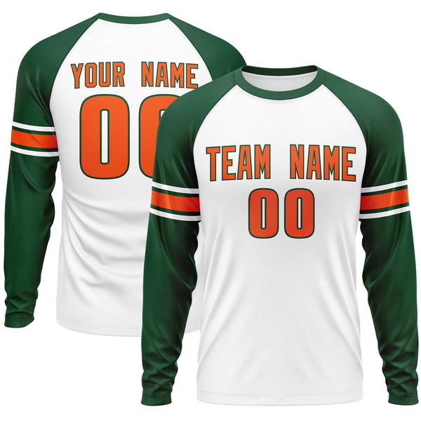 Custom White Green Orange Crew Neck Personalized Raglan Long Sleeve Performance T-shirt | BuyFootballJersey