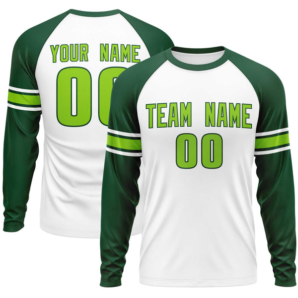 Custom White Green Neon Green Crew Neck Personalized Raglan Long Sleeve Performance T-shirt | BuyFootballJersey