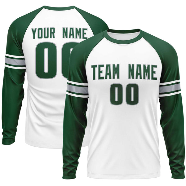 Custom White Green Gray Crew Neck Personalized Raglan Long Sleeve Performance T-shirt | BuyFootballJersey