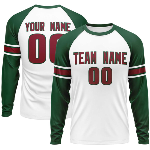 Custom White Green Crimson Crew Neck Personalized Raglan Long Sleeve Performance T-shirt | BuyFootballJersey