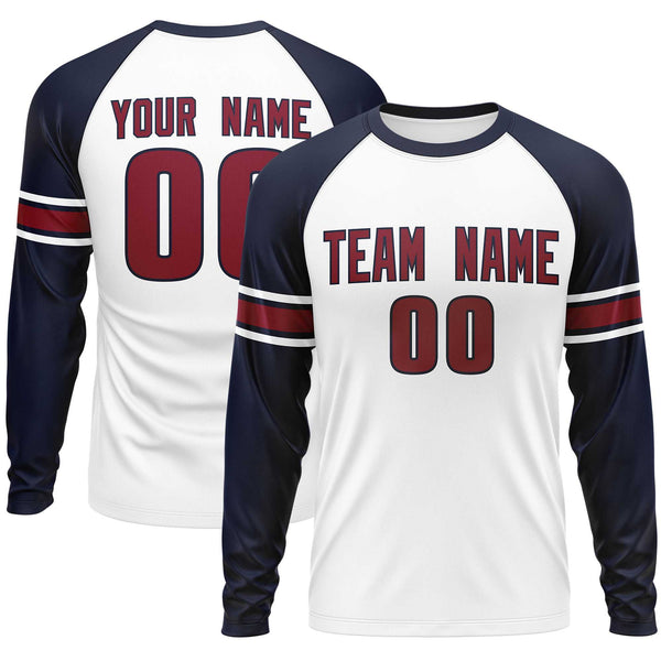 Custom White Navy Crimson Crew Neck Personalized Raglan Long Sleeve Performance T-shirt | BuyFootballJersey