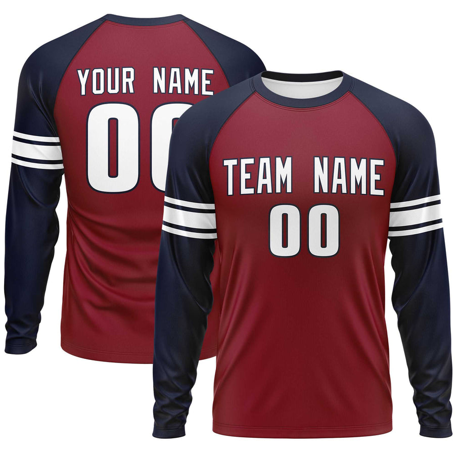 Custom Crimson Navy White Crew Neck Personalized Raglan Long Sleeve Performance T-shirt | BuyFootballJersey