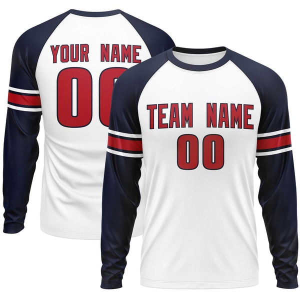 Custom White Navy Red Crew Neck Personalized Raglan Long Sleeve Performance T-shirt | BuyFootballJersey