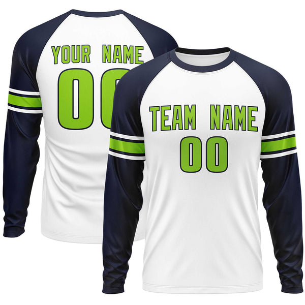 Custom White Navy Neon Green Crew Neck Personalized Raglan Long Sleeve Performance T-shirt | BuyFootballJersey