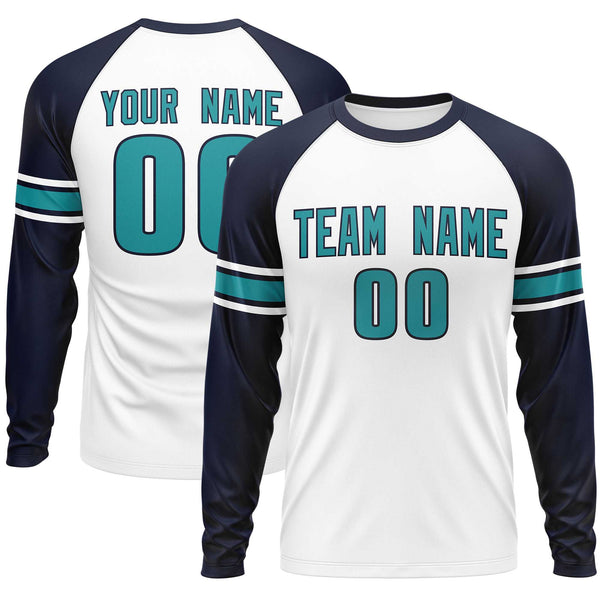 Custom White Navy Aqua Crew Neck Personalized Raglan Long Sleeve Performance T-shirt | BuyFootballJersey