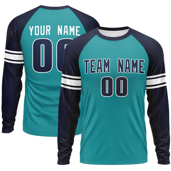 Custom Aqua Navy White Crew Neck Personalized Raglan Long Sleeve Performance T-shirt | BuyFootballJersey