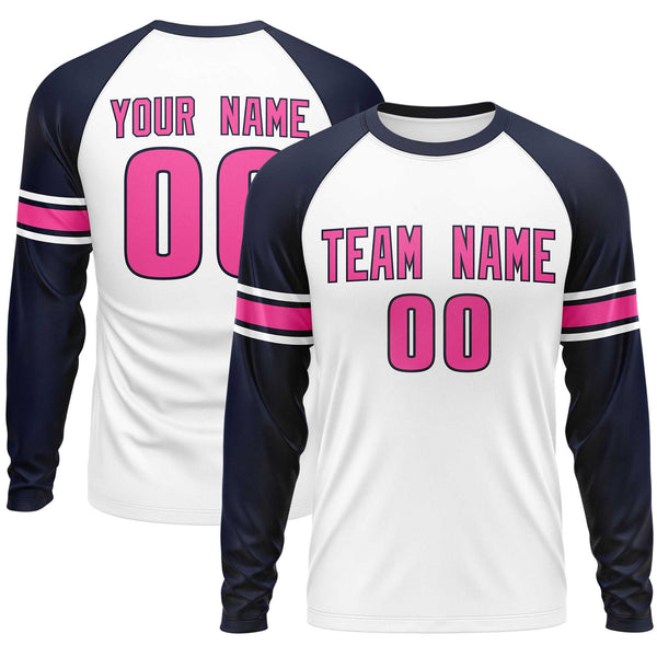 Custom White Navy Pink Crew Neck Personalized Raglan Long Sleeve Performance T-shirt | BuyFootballJersey