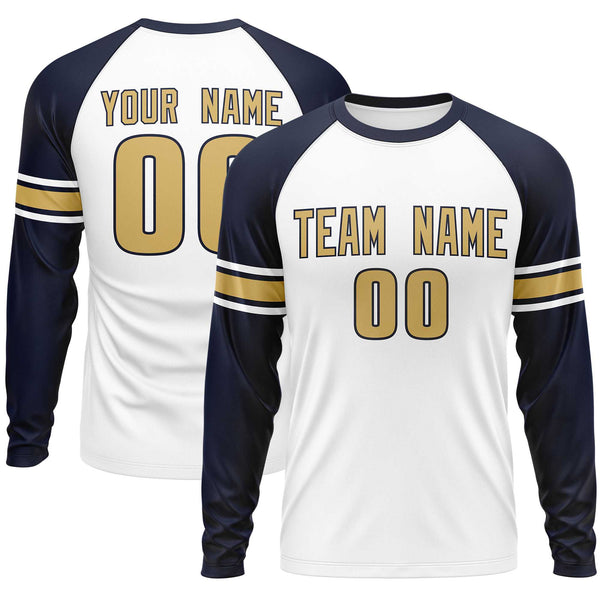 Custom White Navy Old Gold Crew Neck Personalized Raglan Long Sleeve Performance T-shirt | BuyFootballJersey