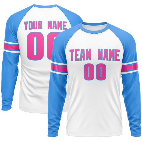 Custom White Powder Blue Pink Crew Neck Personalized Raglan Long Sleeve Performance T-shirt | BuyFootballJersey