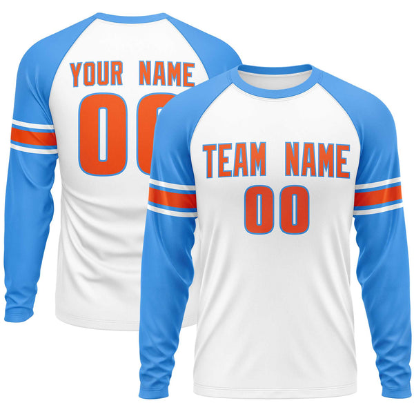 Custom White Powder Blue Orange Crew Neck Personalized Raglan Long Sleeve Performance T-shirt | BuyFootballJersey