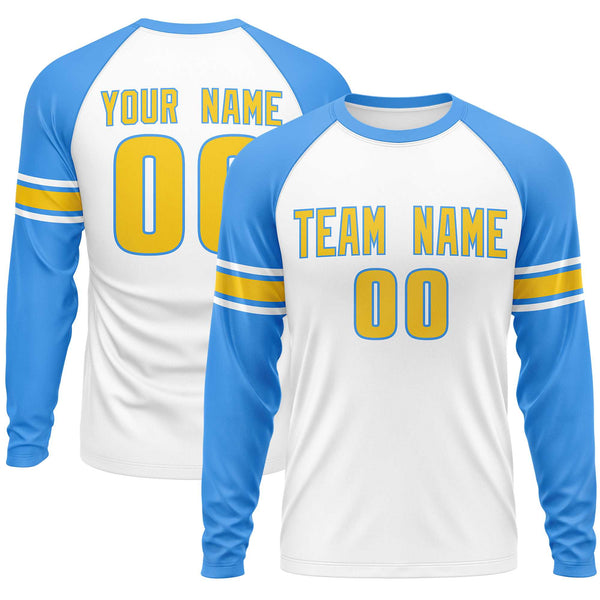 Custom White Powder Blue Gold Crew Neck Personalized Raglan Long Sleeve Performance T-shirt | BuyFootballJersey