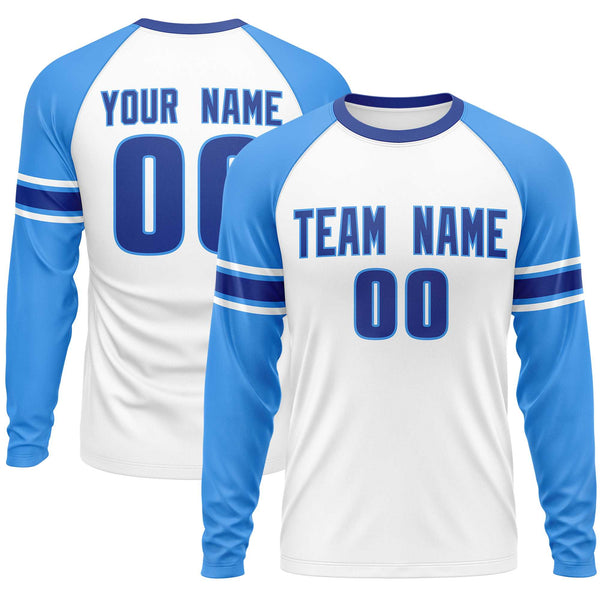 Custom White Powder Blue Royal Crew Neck Personalized Raglan Long Sleeve Performance T-shirt | BuyFootballJersey