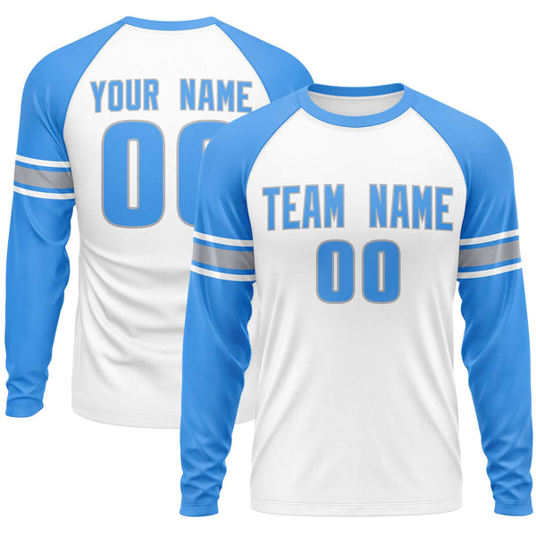 Custom White Powder Blue Gray Crew Neck Personalized Raglan Long Sleeve Performance T-shirt | BuyFootballJersey